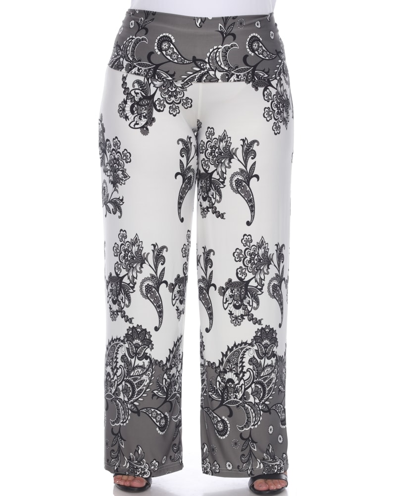 Front of a model wearing a size 2X Floral Paisley Printed Palazzo Pants in Beige by White Mark. | dia_product_style_image_id:247079
